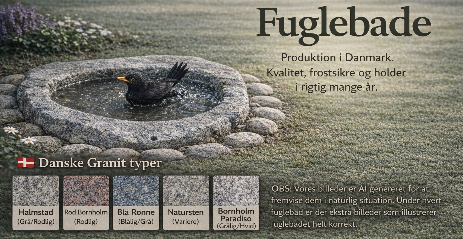 Danskproduceret fuglebad i massiv granit med solsort i naturligt grønt miljø. Frostsikkert fuglebad i høj kvalitet til have og kirkegård.