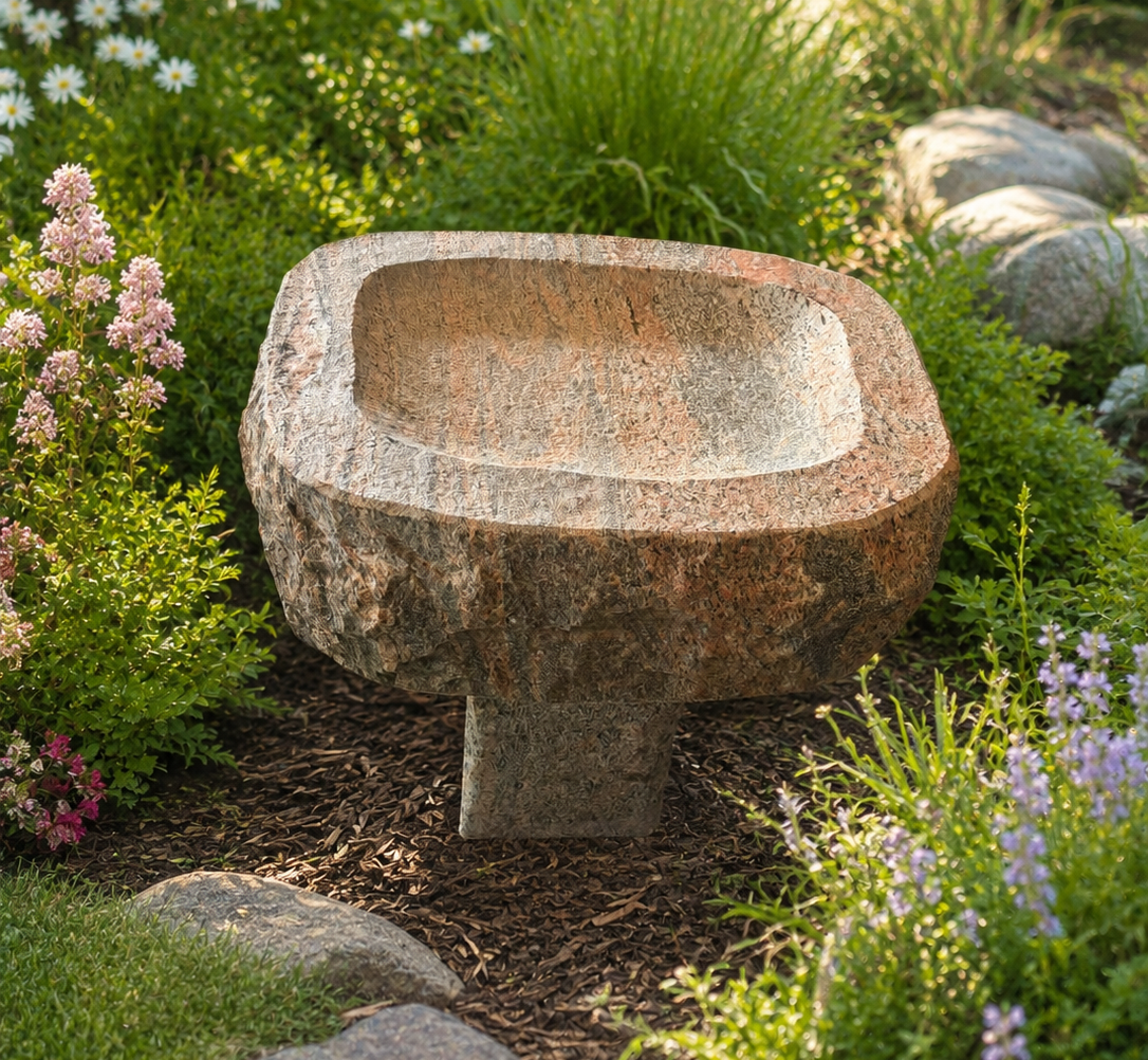 ChatGPT Image 18. aug. 2026, 15.39.14 Halmstad Granit Fuglebad massiv med organisk form og sokkel – håndbearbejdet fuglebad i granit til have og terrasse
